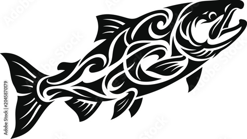 Tribal salmon illustration black and white vector graphic
