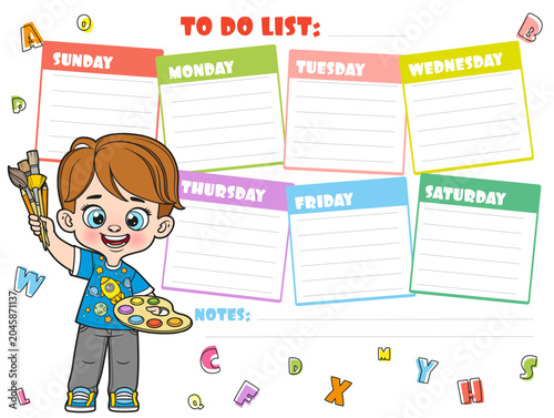 To do list for writing plans for the week with a cute cartoon boy holding the palette with paints and brushes in hands