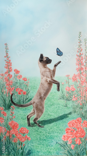 Cute cat chasing a butterfly in a beautiful meadow, watercolor painting
Artistic watercolor illustration of a kitten playing with a butterfly