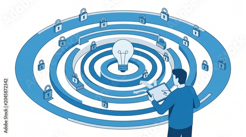 Isometric vector illustration of a man with a tablet navigating a secure circular maze with padlocks to reach a lightbulb representing problem solving