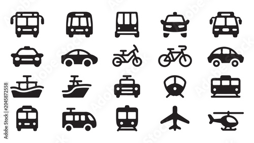 Black silhouette icons of diverse public transport modes and vehicles for travel design.