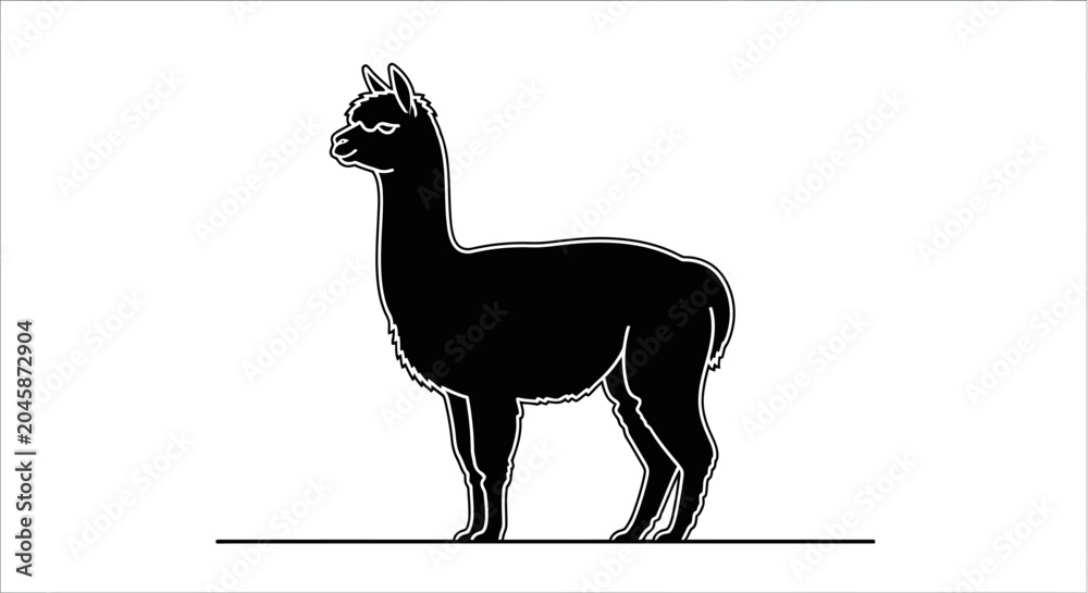 Naklejka premium Black Alpaca Silhouette Standing on White Background, Minimalist Vector Art