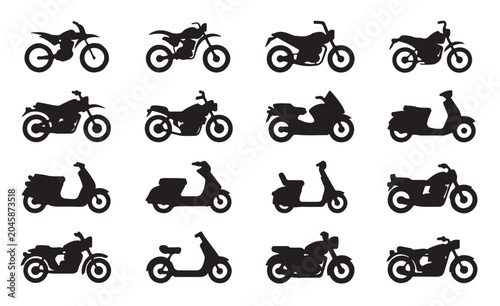 Set of black silhouette motorcycle icons on transparent background for web and graphic design.