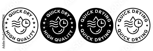 Quick dry icon set. Quick fast clock dry wet clothes symbol. Quick dry label, logo, badge, sticker, emblem, circle, black, vector, isolated illustration. Quick drying label product packaging design.