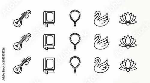 Collection of Indian cultural icons including stringed instruments, religious texts, prayer beads, swans, and lotus flowers