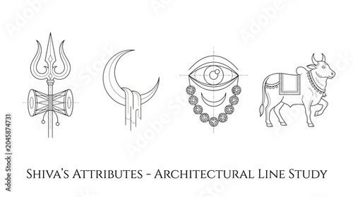 Architectural Line Study of Lord Shiva's Symbols Tridents, Crescent Moon, Third Eye, and Sacred Bull