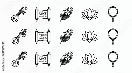 Collection of Indian cultural icons including a sitar, scroll, peacock feather, lotus flower, and rosary beads, presented in a simple, clean line art style