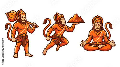 Vibrant Hindu Deity Hanuman illustration set, showcasing divine power and spiritual devotion with dynamic poses and symbolic elements for cultural representation