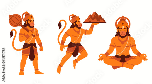 Dynamic vector illustrations of Lord Hanuman, the revered Hindu deity, shown holding a mace, carrying a mountain, and meditating, representing power, devotion, and wisdom