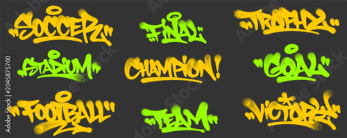 Soccer text graffiti tag bundle displaying multiple street art spray paint handstyle elements collection for football championship tournament clothing poster layout isolated clip art.