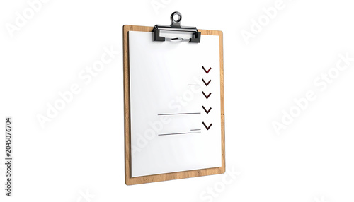 A wooden clipboard with blank paper and checkmarks on a black background.