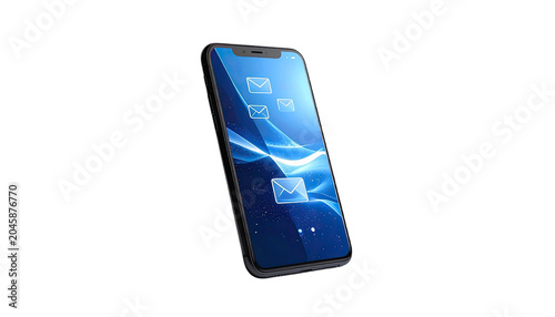 Modern smartphone displaying abstract email icons on a blue digital background.