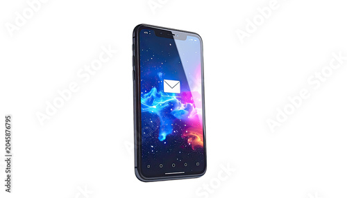 A smartphone displays a galaxy wallpaper with an email notification.