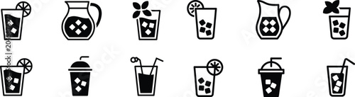 Set of various drink icons featuring iced tea glasses pitchers and refreshing cold beverages with citrus slices and straws for cafe menu design.