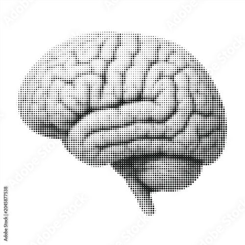 Human brain retro collage halftone element, human organ, human body parts, pop art style vector illustration.