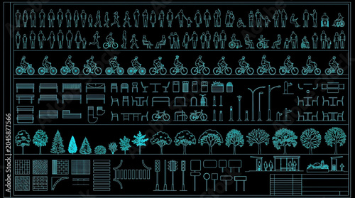 Architectural Entourage CAD Collection with Human Silhouettes Site Furniture Cyclists and Urban Elements Blueprint Technical Vector Set