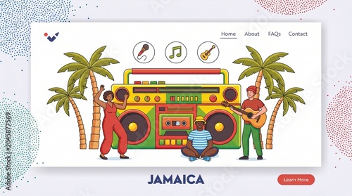 Jamaica Landing Page Template. Reggae Party, Music Festival. Tiny Rasta Male Female Characters in Costumes
