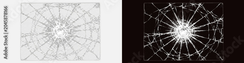 Photos Shattered rectangular window pane glass with central spiderweb impact crack isol