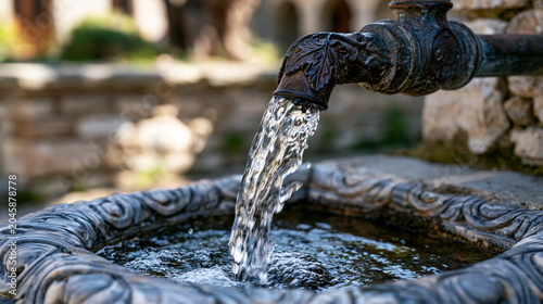 Orthodox monastery courtyard stone fountain close, carved marble basin rim, flowing spring water cascade, iron pipe patina, carved vine leaf spout, Athonite monastic heritage eastern Mediterranean l