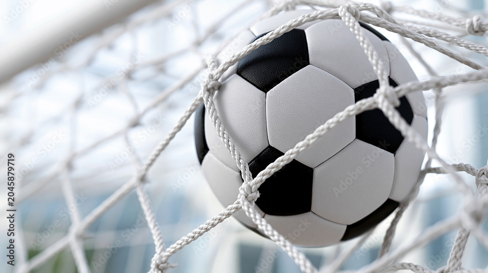 Naklejka premium Soccer ball hitting the back of a goal net isolated on white background, championship winning moment and sports graphic asset concept , with copy space