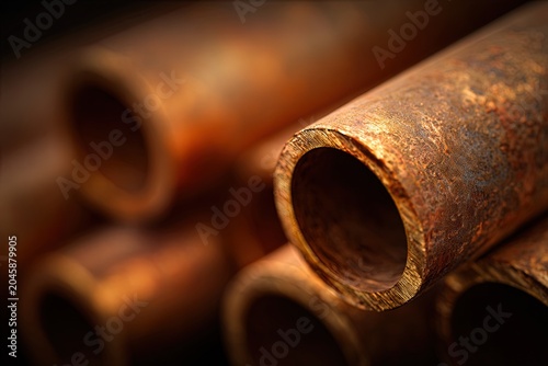 Copper Plumbing Pipes. Stacked copper plumbing pipes. Ai Generative