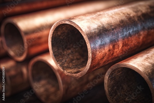 Copper Plumbing Pipes. Stacked copper plumbing pipes. Ai Generative
