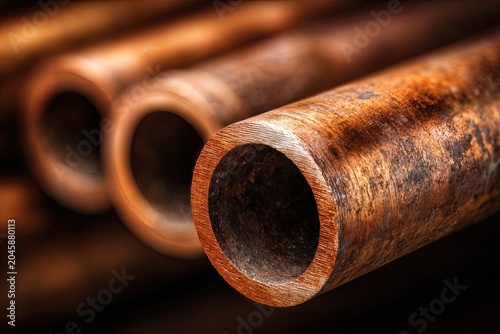 Copper Plumbing Pipes. Stacked copper plumbing pipes. Ai Generative