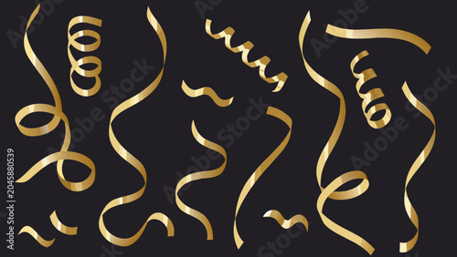 Billede på lærred Golden Curly Ribbons A Vector Illustration On Black Background