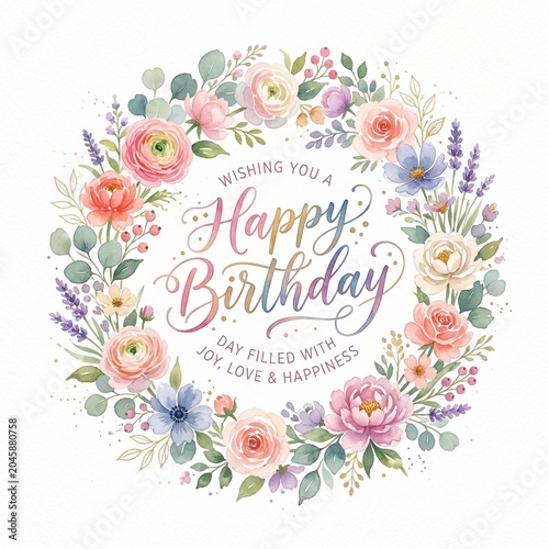 Delicate Watercolor Floral Happy Birthday Wreath Card