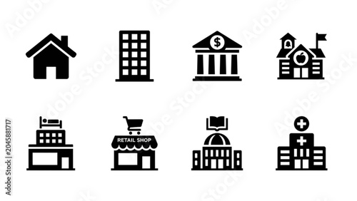 Bild auf Leinwand Real estate and public city buildings solid glyph icon set including bank hospit