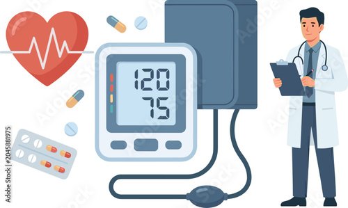 Foto Male doctor with clipboard checking cardiovascular health next to digital blood