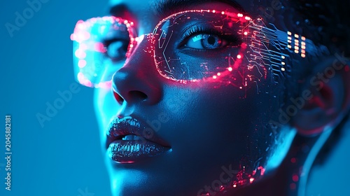 Close up profile of a person's face with futuristic glowing cybernetic implants and circuits