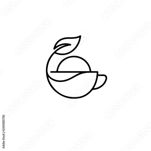 Minimalist vector logo depicting a serene teacup or coffee mug with a delicate leaf emerging, symbolizing natural, organic beverages and a peaceful cafe experience