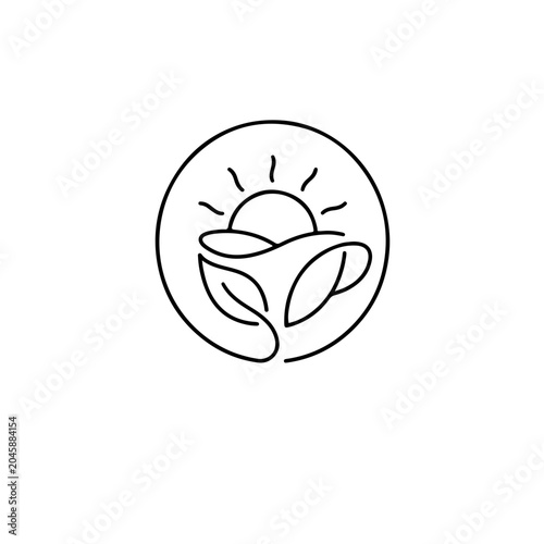 Minimalist vector logo for cafes, tea shops, or wellness brands, featuring a stylized cup, organic leaves, and a radiant sun, symbolizing natural freshness and serenity