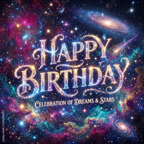 Cosmic Happy Birthday Typography with Galaxy Background