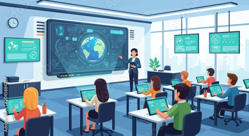 A teacher instructs students using interactive technology in a modern classroom setting