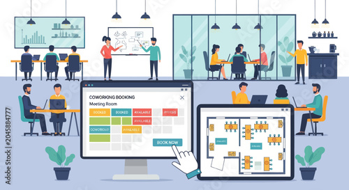 Modern office space with people working and booking meeting rooms digitally