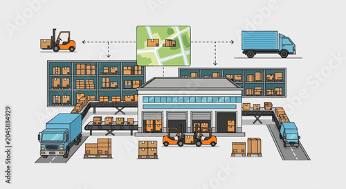 Automated logistics and distribution center operations with trucks and forklifts