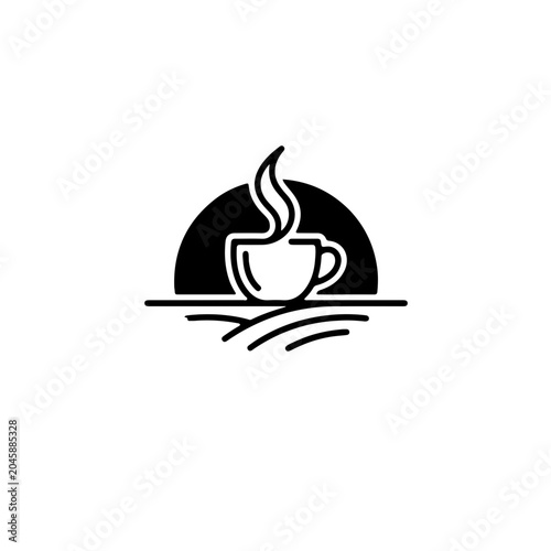 Stylized monochrome illustration of a steaming coffee cup icon, elegantly silhouetted against a rising sun or geometric horizon, perfect for branding or a morning beverage concept