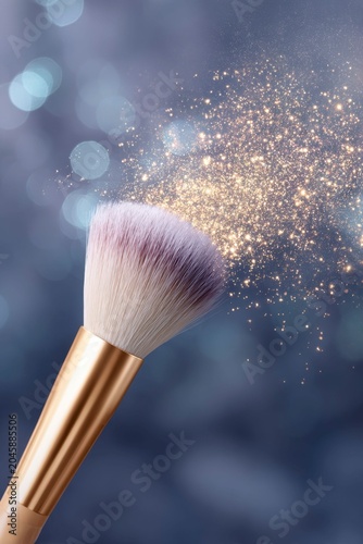 a makeup brush with glittering golden powder, surrounded by glowing particles and sparkling light effects, against an elegant dark background