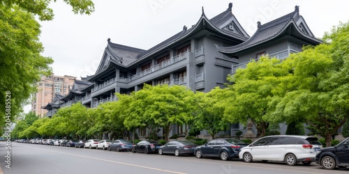 a multi-story building, gray walls with many cars parked on both sides of the road, green trees and traditional chinese architectural elements.