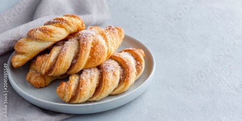 a plate of twisted pastries, each wrapped in flaky crust and filled with sweet swirls
