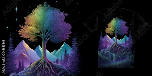 a majestic tree with roots that flow into the earth, surrounded by mountains and forests under a starry sky, with a vibrant color scheme of rainbow colors, isolated on a black background.