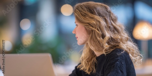 a woman with curly blonde hair working on her laptop in an urban coffee shop, warm lighting, window with cityscape outside.