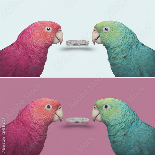 Pair of pastel parrots holding an elegant diamond engagement ring
Conceptual studio shot of pink and blue parrots with luxury jewelry