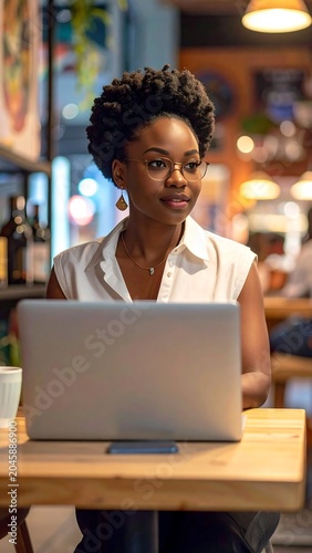 Woman at a table in cafe, laptop open, wearing eyeglasses and a sleeveless top, softly lit backdrop