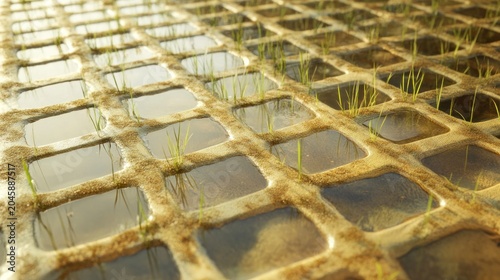 Gridded rice paddy, lush green shoots
