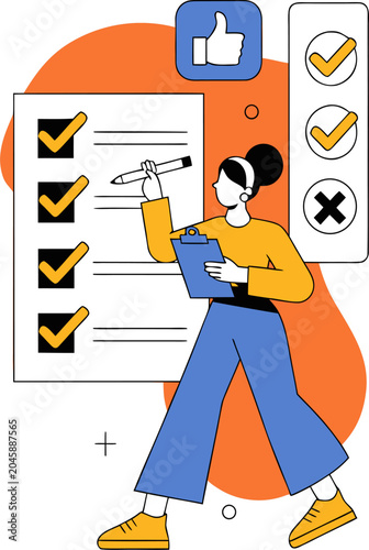 Flat illustration of a woman with a pencil, a girl marks completed tasks, checking a to-do list, evaluating work efficiency.