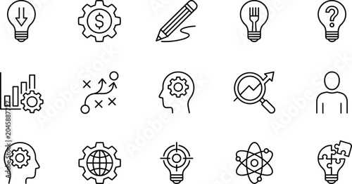 Business strategy and corporate innovation line icon set featuring financial analytics problem solving and strategic thinking elements