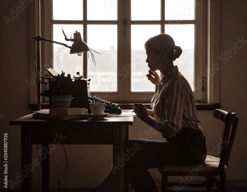 Woman at a typewriter, side view, by bright window light in a vintage room.